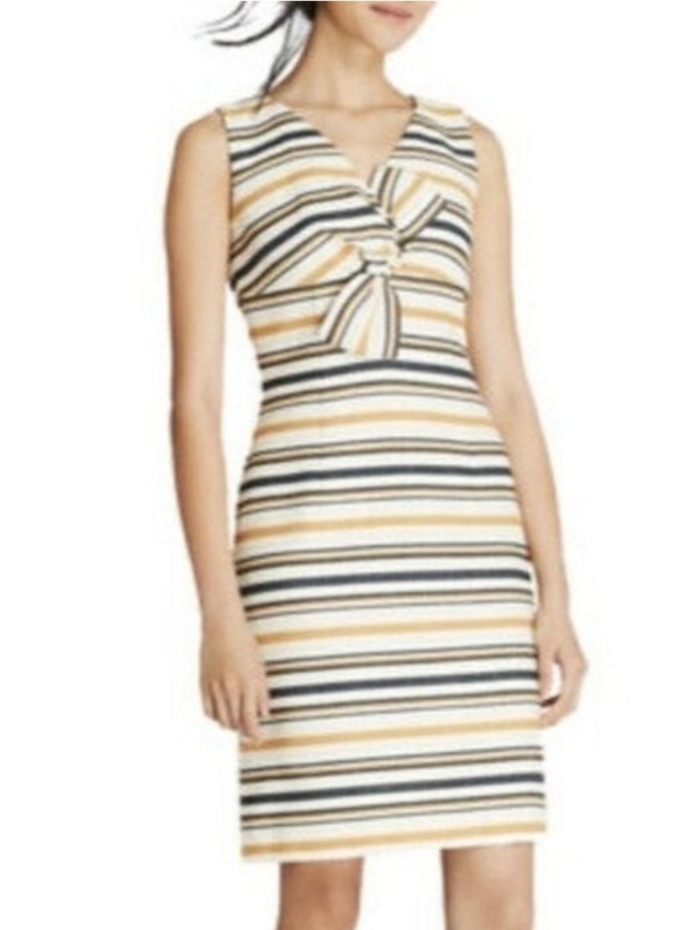 Vintage Brooks Brothers Yellow, Cream & Navy Striped Knot-Front Dress Size 8 - Picture 6 of 7